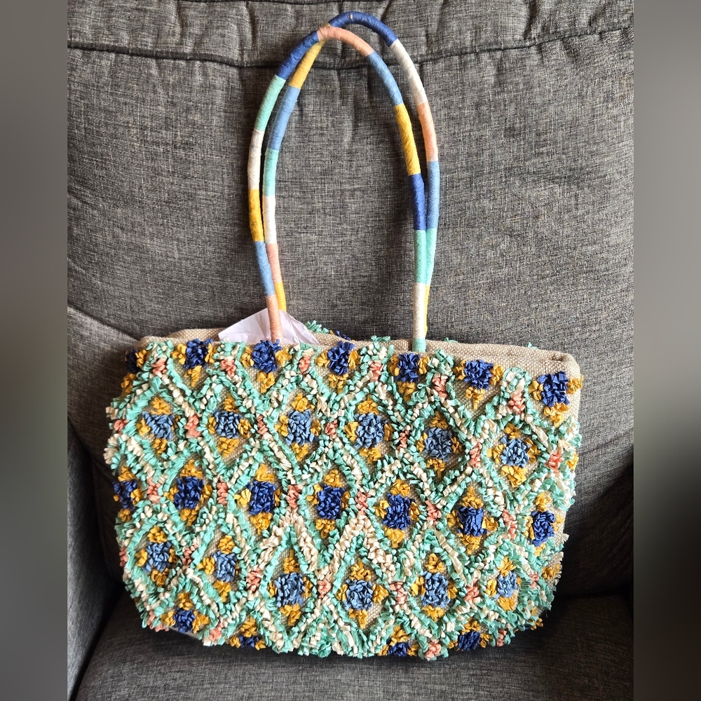 Handcrafted Artisan Village Cotton Jute‎ Floral Shoulder Bag Tote INDIA MADE